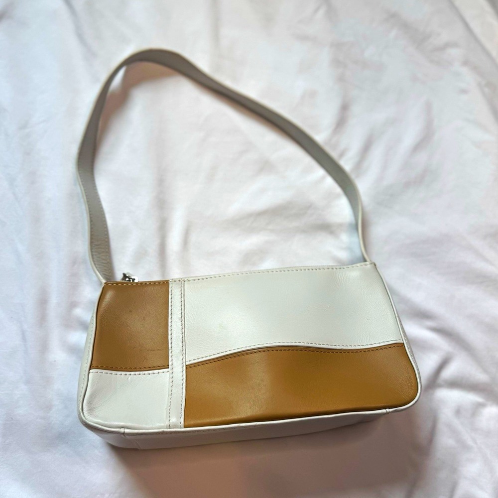 Vintage Y2K Colorblock Nine West White Tan Colorblock Zip-Top Shoulder Bag